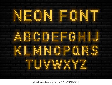Neon font  on brick wall background.  Glowing vector linear neon typefaces, alphabet, letters, font, typography. Light Neon Font Alphabet Vector.