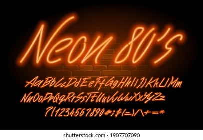 Neon 80’s Font. Orange Neon Color Letters, Numbers And Symbols. Uppercase And Lowercase. Stock Vector Typescript For Your Design.