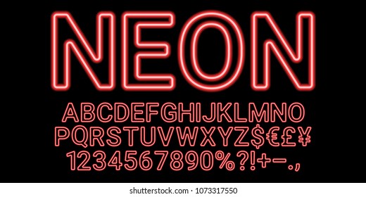 Neon font in red color. Vector collection of latin neon letters, neon alphabet consisting of outlines on the dark background