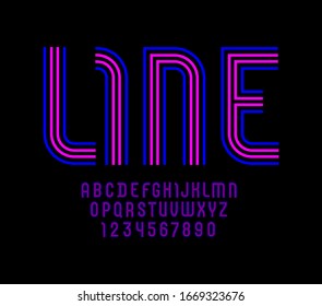 Neon font sans serif, alphabet from four parallel stripes, capital Latin letters from A to Z and Arab numbers from 0 to 9 for you designs, vector illustration 10EPS