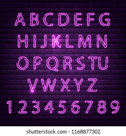 Neon font set night alphabet vector illustration. Letter electricity typography lamp type. Tube bright glowing typeset text design. Fluorescent illuminated abc font.