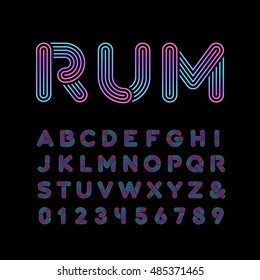 Neon font. Vector alphabet with neon stripes effect letters and numbers.
