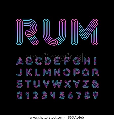 Neon font. Vector alphabet with neon stripes effect letters and numbers.
