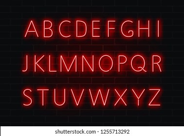 Neon font vector. Light alphabet text sign set. Glowing night font for bar, casino, party. Red wall alphabet, transparent light effect. Vector illustration.