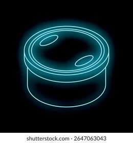 Neon food container glowing on a dark background representing food storage and takeout