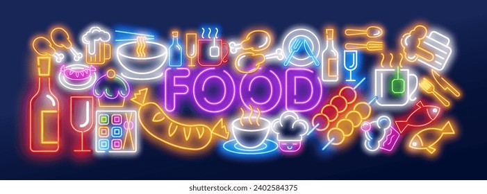 Neon food and drink glowing signboard on a dark brick wall background. Burger and plastic cup of beverage signs and text.