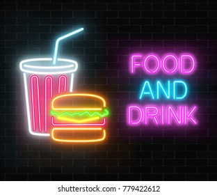 Neon food and drink glowing signboard on a dark brick wall background. Burger and plastic cup of beverage signs and text. Vector illustration.