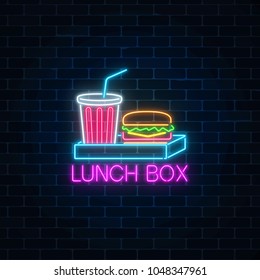 Neon food and drink lunch box glowing signboard on a dark brick wall background. Burger and plastic cup of beverage signs as lunchbox. Vector illustration.
