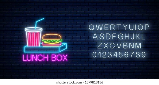 Neon food and drink lunch box glowing signboard with alphabet on a dark brick wall background. Burger and plastic cup of beverage signs as lunchbox. Vector illustration.