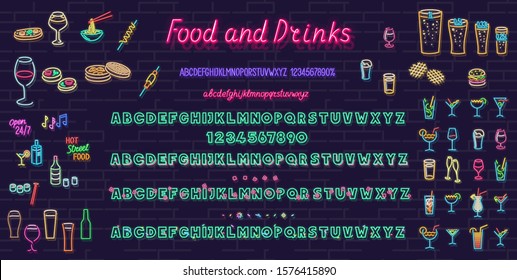 Neon food and drink set. Isolated for logo, poster, banner. Headline and small condensed uppercase letters.