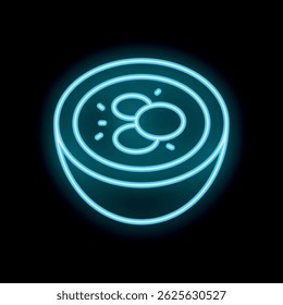 Neon food icon of a bowl of soup with meatballs glowing on black background