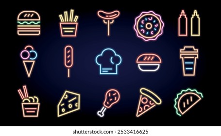 Ícones de comida neon, fast food sinais brilhantes e símbolos. Burger, batata frita, pernas de frango, sushi, pizza, café e outros ícones de comida. Ilustração vetorial.