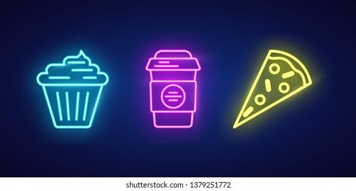 Neon food icons on dark background. Vector design. Night light billboard, design element in the thin line style. Muffin, pizza,  coffee mug pictograms in modern glow graphic style.