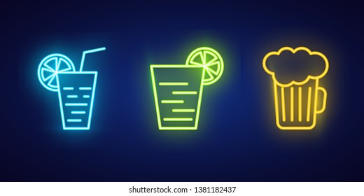 Neon food icons on dark background. Vector design. Night light billboard, design element in the thin line style. Beer and cocktails pictorgams in modern glow graphic style.