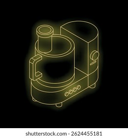 Neon food processor glowing yellow on a black background, perfect for any food related design