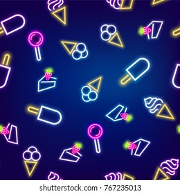 Neon food seamless pattern. Cafe colored sweet fruit banner. Advertise dessert symbol set bar. Night lamp shine billboard vector illustration label icon design. Vintage fashion ice cream, cake, cone.