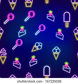 Neon food seamless pattern. Cafe colored sweet fruit banner. Advertise dessert symbol set bar. Night lamp shine billboard vector illustration label icon design. Vintage fashion ice cream, cake, cone.