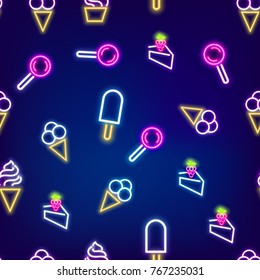 Neon food seamless pattern. Cafe colored sweet fruit banner. Advertise dessert symbol set bar. Night lamp shine billboard vector illustration label icon design. Vintage fashion ice cream, cake, cone.