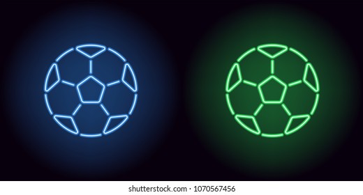 Neon football ball in blue and green color. Vector illustration of soccer ball consisting of outlines, with backlight on the dark background