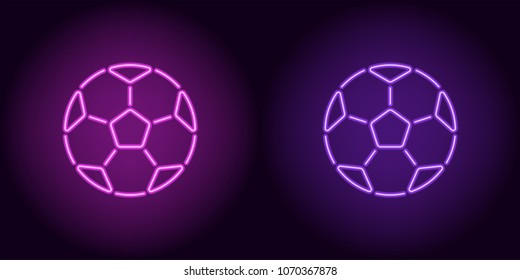 Neon football ball in purple and violet color. Vector illustration of soccer ball consisting of outlines, with backlight on the dark background
