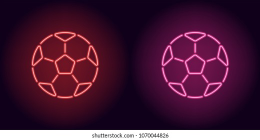 Neon football ball in red and pink color. Vector illustration of soccer ball consisting of outlines, with backlight on the dark background