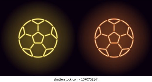 Neon football ball in yellow and orange color. Vector illustration of soccer ball consisting of outlines, with backlight on the dark background