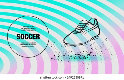 Neon Football Boot on a Striped background. Vector Outline Soccer Boot for sport illustration.