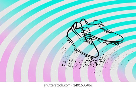 Neon Football Boots on a Striped background. Vector Outline Soccer Boots for sport illustration.