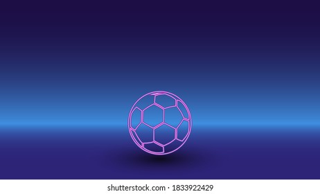 Neon football symbol on a gradient blue background. The isolated symbol is located in the bottom center. Gradient blue with light blue skyline