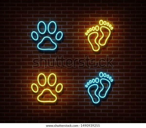 レンガの壁にネオンフットプリントの標識ベクター画像 猫 犬 人間の足印刷のライトシンボル 装飾効果 ネオンの動物のトラックイラスト のベクター画像素材 ロイヤリティフリー