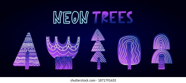 Estampado de árboles de neón, brillante ilustración sobre fondo oscuro al estilo neón. Navidad, Año Nuevo, diseño de geometría. Vector