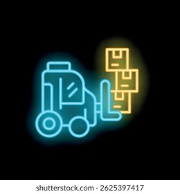 Neon forklift truck lifting cardboard boxes glowing in blue and yellow on black background