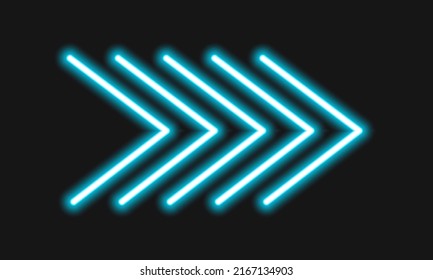 Neon forward arrow isolated on dark background. Lightning direction sign on motel, cinema, casino, night club, bar banner. Vector realistic illustration.