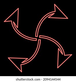 Neon four arrows loop from center red color vector illustration image flat style light