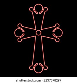 Neon cuatro puntas de caída cruzada en forma de cruz Monograma cruzado Religión de color rojo vectorial imagen de estilo plano luz