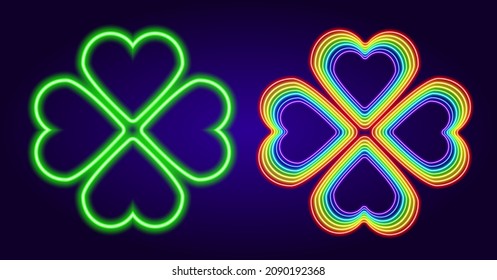 neon four-leaf clover, green and rainbow outline. a set of neon clover signs, top view glows brightly in the dark on a black background for a festive design