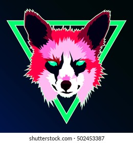 Neon Fox head in highlighted neon light green color triangle styled vector image icon poster