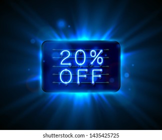 Neon frame 20 off text banner. Night Sign board. Vector illustration