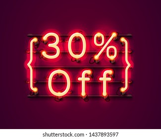 Neon frame 30 off text banner. Night Sign board. Vector illustration