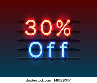 Neon frame 30 off text banner. Night Sign board. Vector illustration