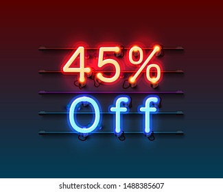 Neon frame 45 off text banner. Night Sign board. Vector illustration