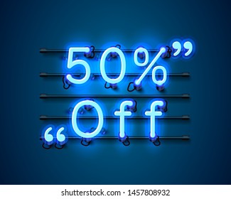 Neon frame 50 off text banner. Night Sign board. Vector illustration