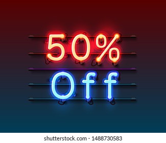 Neon frame 50 off text banner. Night Sign board. Vector illustration