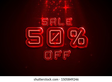 Neon frame 50 off text banner. Night Sign board. Vector illustration