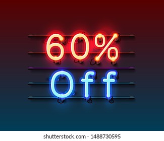 Neon frame 60 off text banner. Night Sign board. Vector illustration