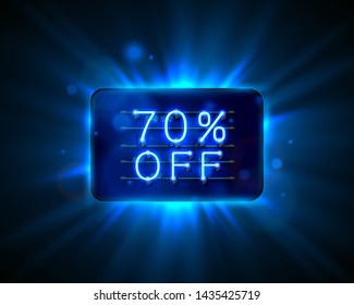 Neon frame 70 off text banner. Night Sign board. Vector illustration