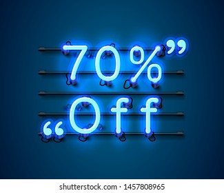 Neon frame 70 off text banner. Night Sign board. Vector illustration