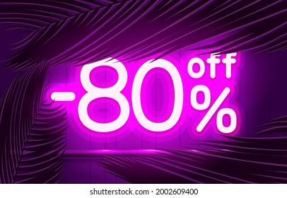 Neon frame 80 off text banner, summer bar promotion. Night Sign board. Vector illustration