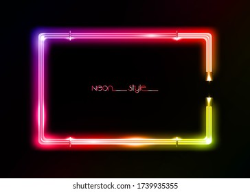 Neon frame background, multicolor sign. Colorful neon shiny glowing vintage frame isolated or black background. Multicolored neon tube realistic rectangle border, vector template illustration