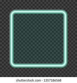 Neon frame. Bright turquoise square with transparent tablet isolated on a dark transparent background.